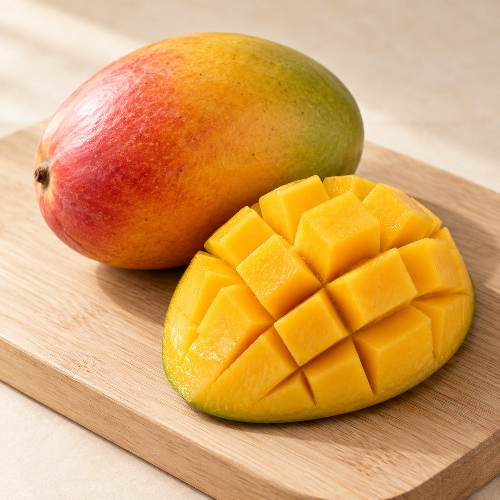 Mango auf einem hellen Holzbrett