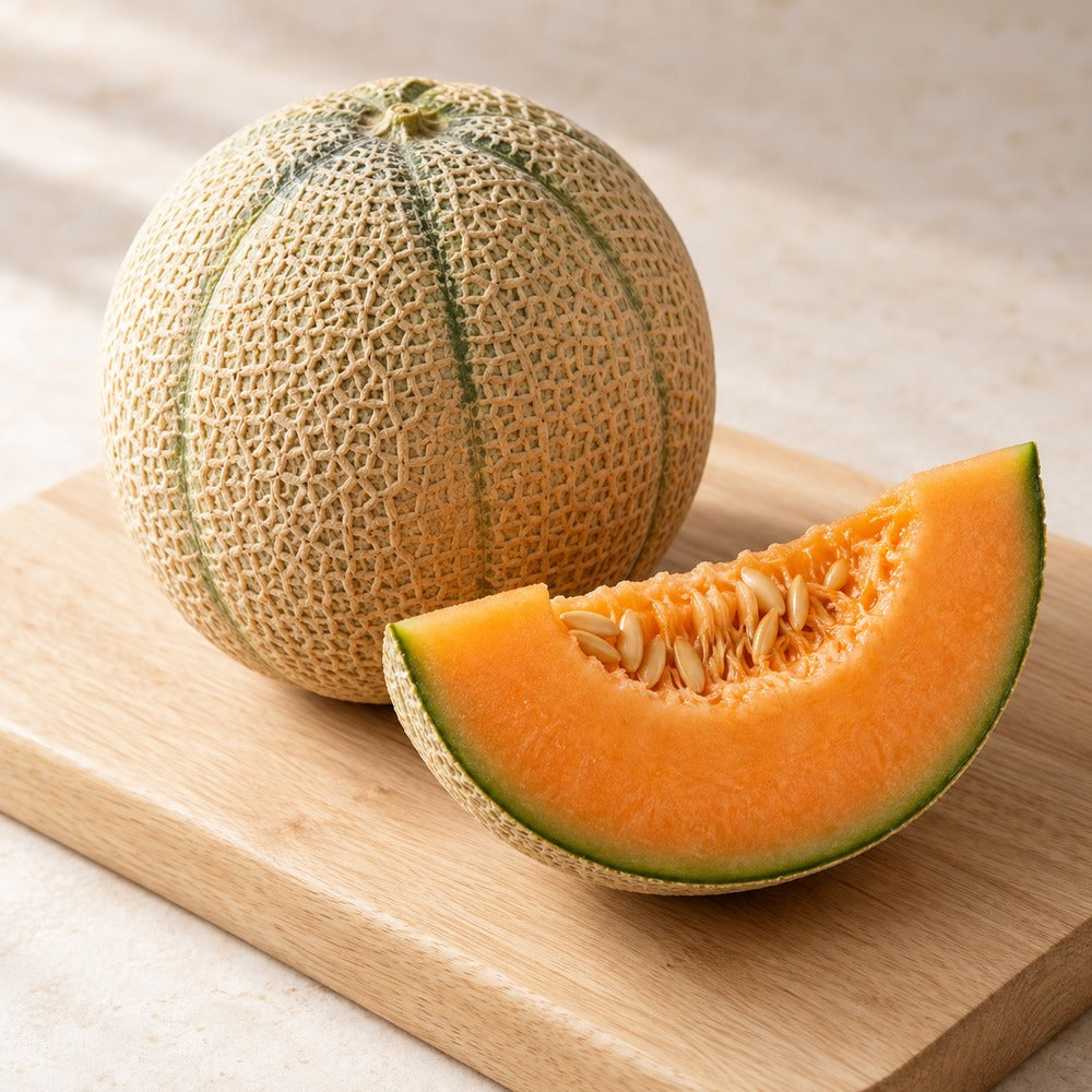 Melone auf einem hellen Holzbrett