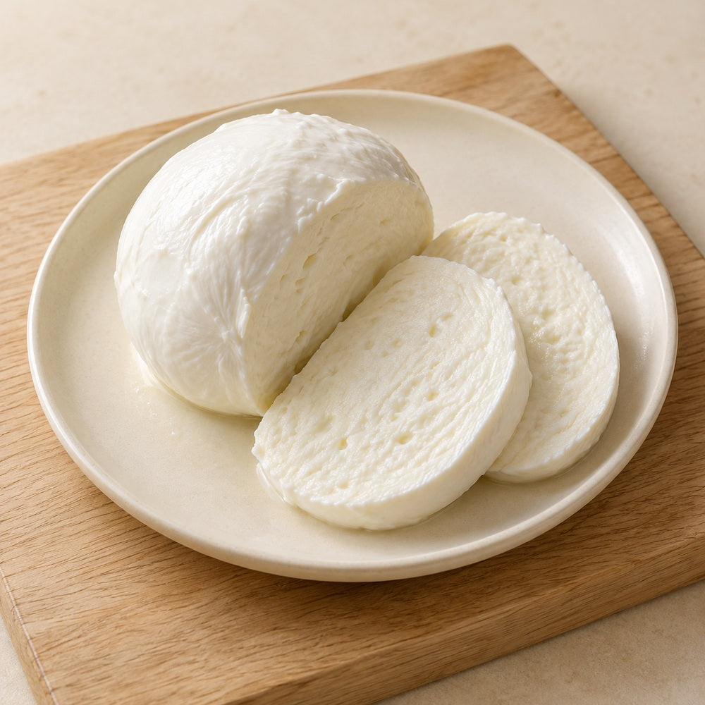 Mozzarella auf einem hellen Holzbrett