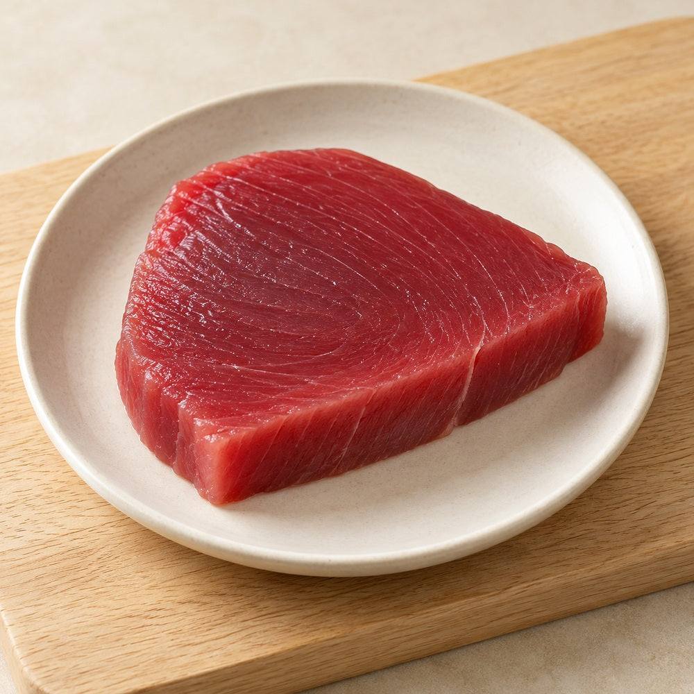 Thunfisch auf einem hellen Holzbrett