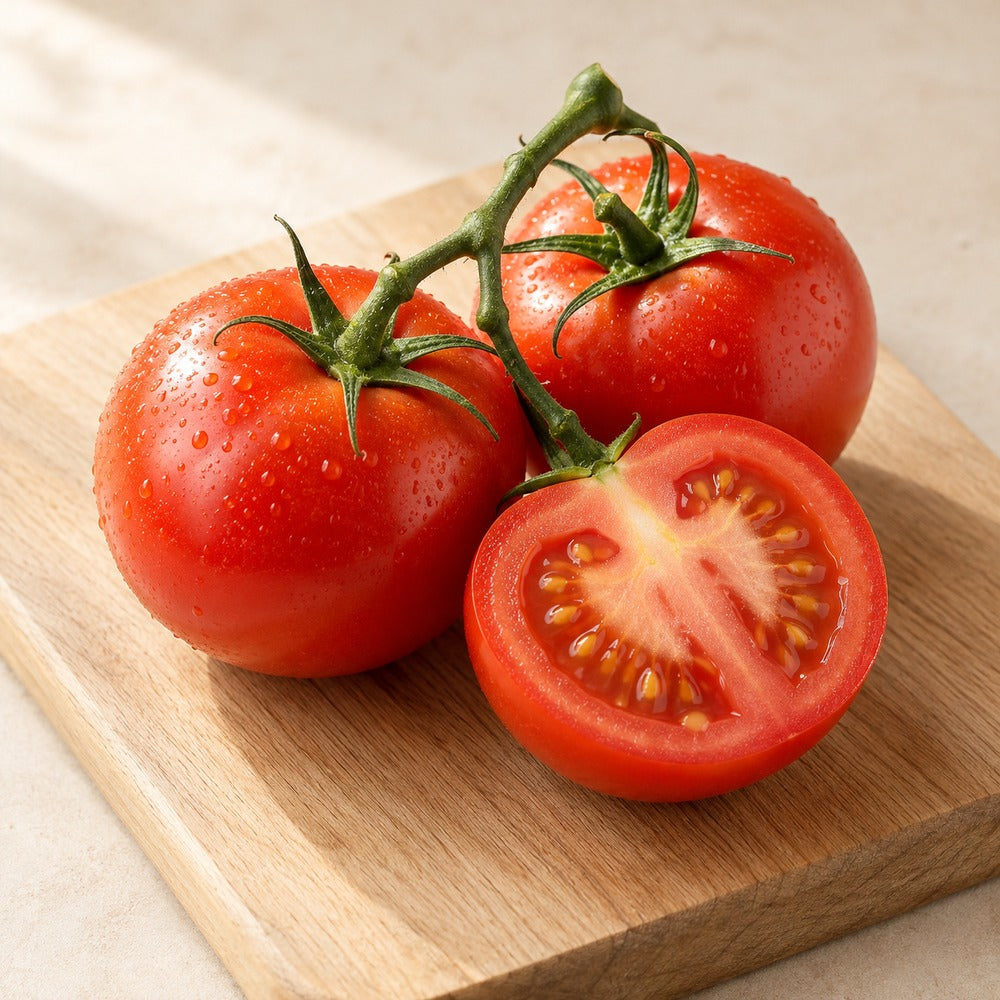 Tomaten auf einem hellen Holzbrett