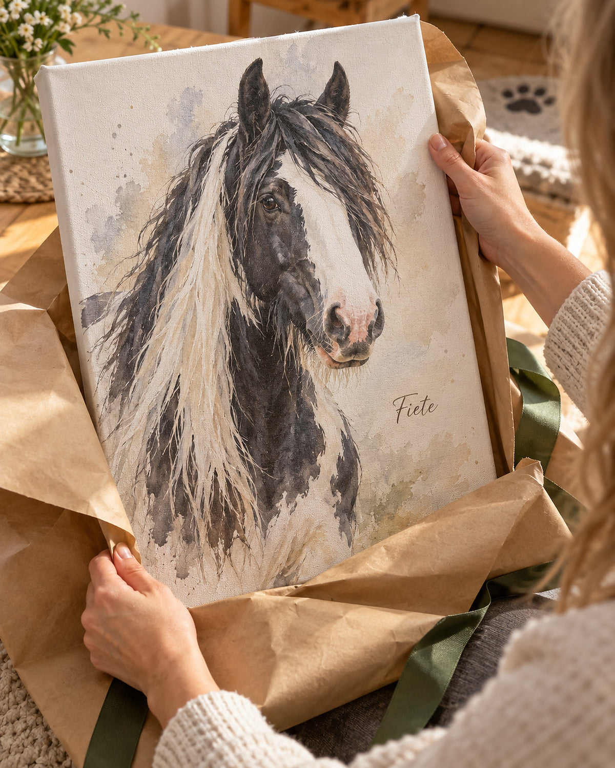 Horse portrait on canvas being unwrapped as a gift
