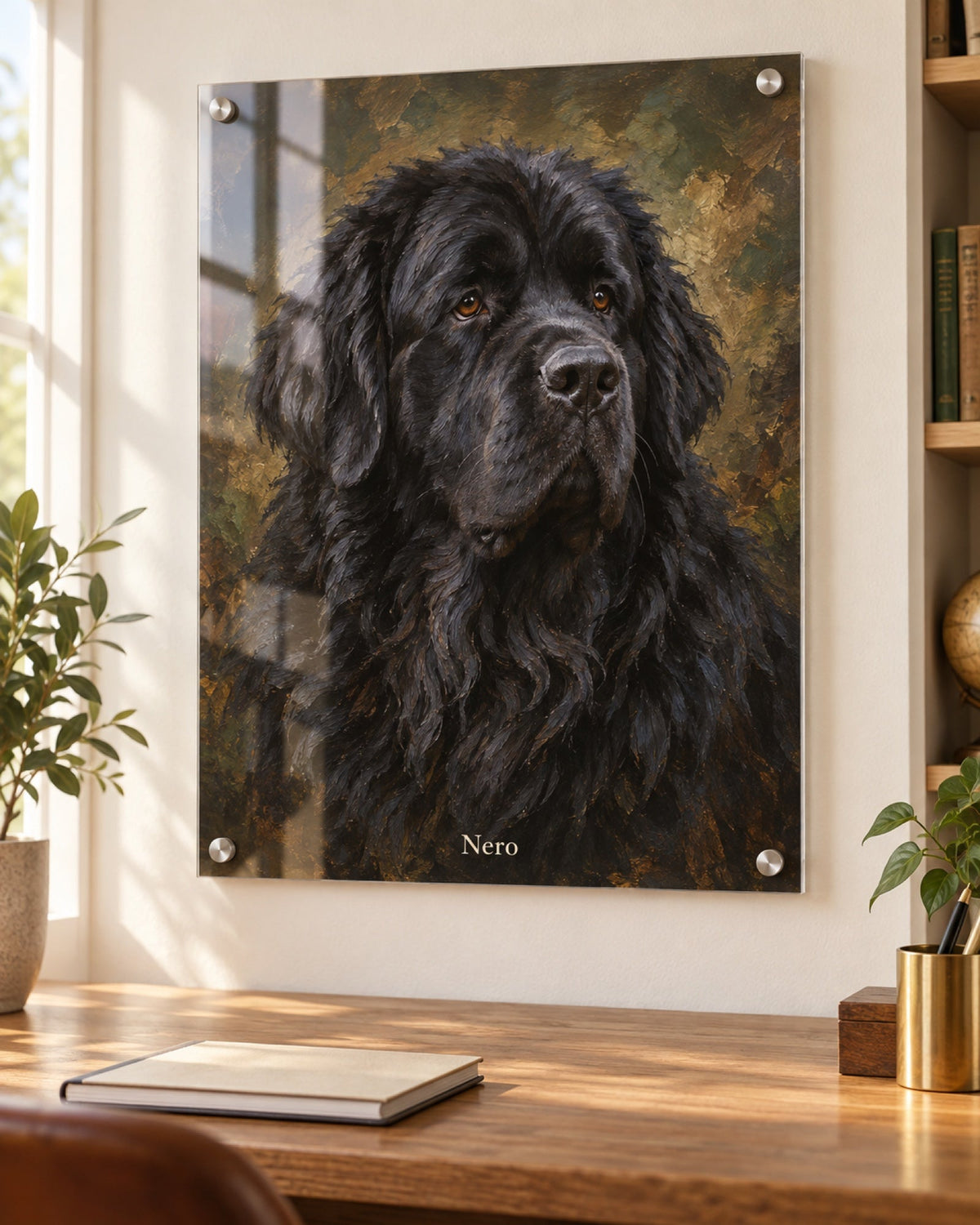 Schwarzer Neufundländer im Stil eines Ölgemäldes als Portrait auf Acrylglas