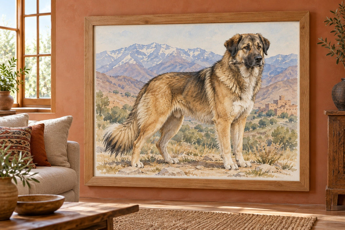 Aïdi (Atlas-Berghund) als Wandbild im Stil Aquarell, Raum: terrakottafarbenes Wohnzimmer