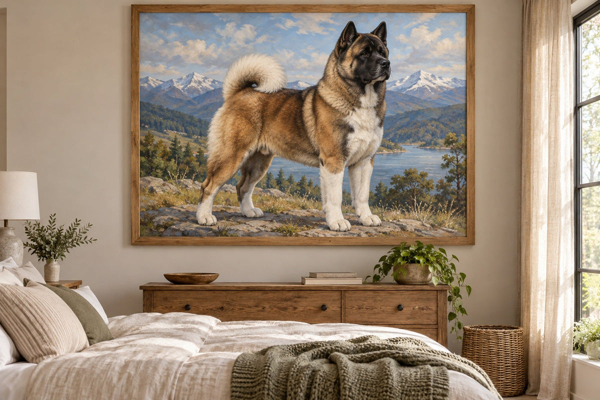 American Akita als Wandbild im Stil Ölgemälde, Raum: sandfarbenes Schlafzimmer