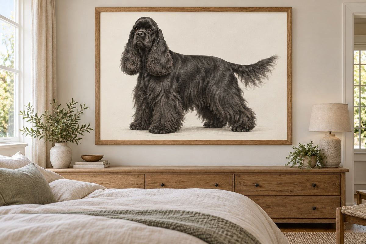 American Cocker Spaniel als Wandbild im Stil Minimal, feine Farbzeichnung, Raum: sandfarbenes Schlafzimmer
