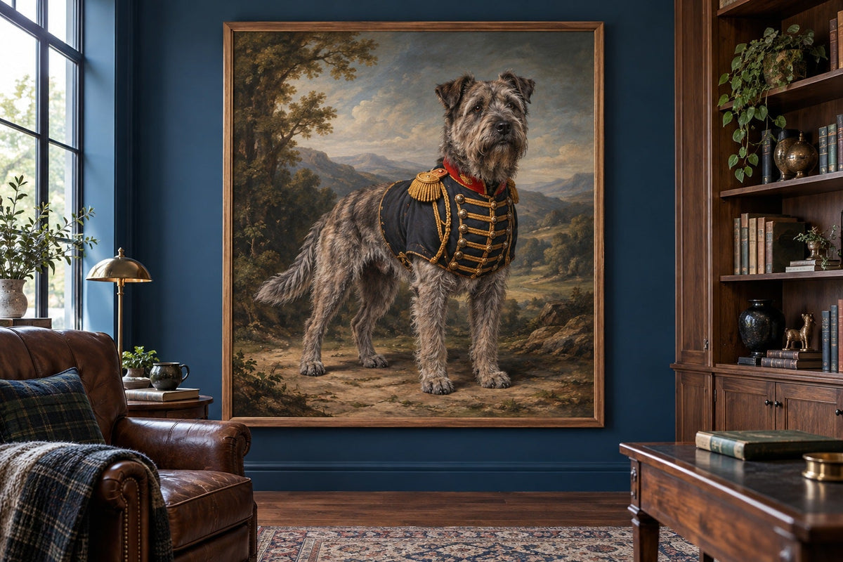 Ardennen-Treibhund als Wandbild im Stil Royal mit kurzer Uniform, Raum: blaues Arbeitszimmer