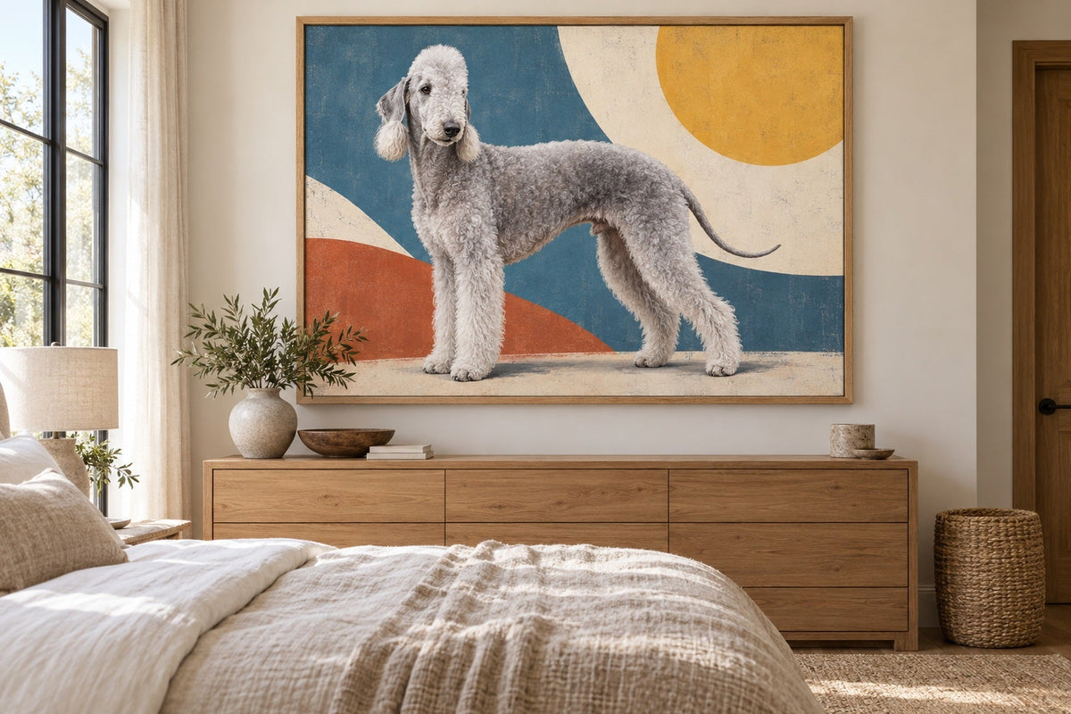 Bedlington Terrier als Wandbild im Stil Pop-Art, Raum: sandfarbenes Schlafzimmer