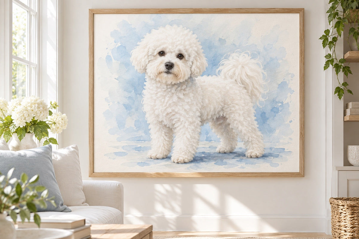 Bichon Frisé als Wandbild im Stil Aquarell, Raum: helles Wohnzimmer