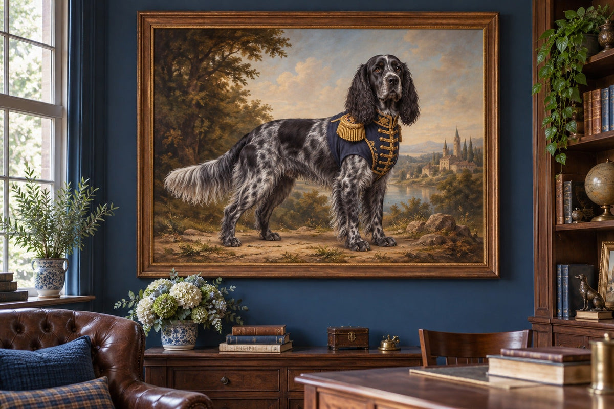 Blauer Picardie-Spaniel als Wandbild im Stil Royal mit kurzer Uniform, Raum: blaues Arbeitszimmer