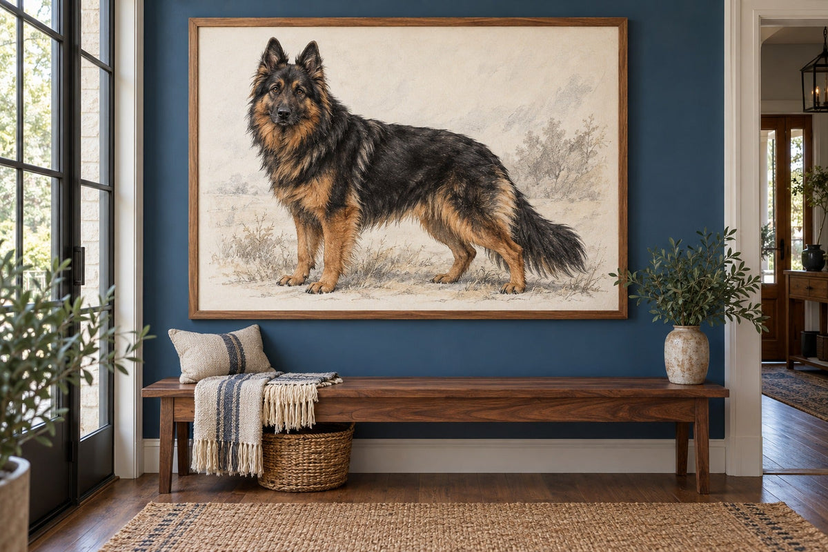 Böhmischer Schäferhund als Wandbild im Stil Kohle-Sketch, Raum: blauer Flur