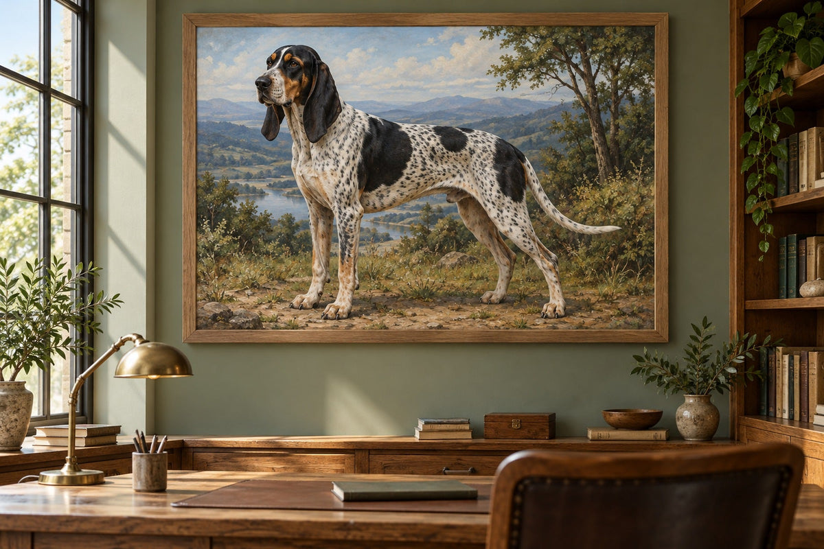 Brasilianischer Laufhund als Wandbild im Stil Ölgemälde, Raum: salbeifarbenes Arbeitszimmer