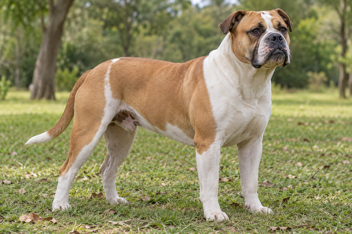 Buldogue Campeiro, mittelgroß und kräftig, falb mit Weiß, auf einer Wiese