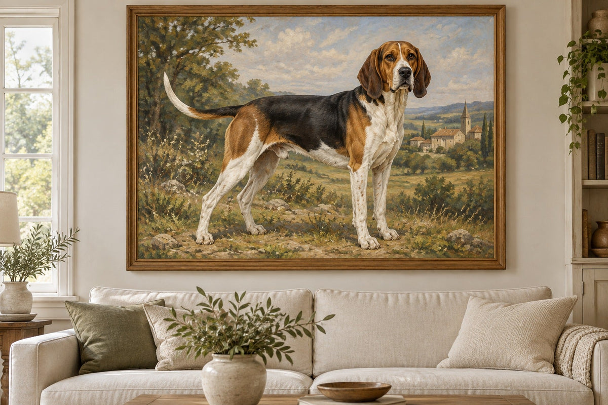 Chien d'Artois als Wandbild im Stil Ölgemälde, Raum: cremefarbenes Wohnzimmer