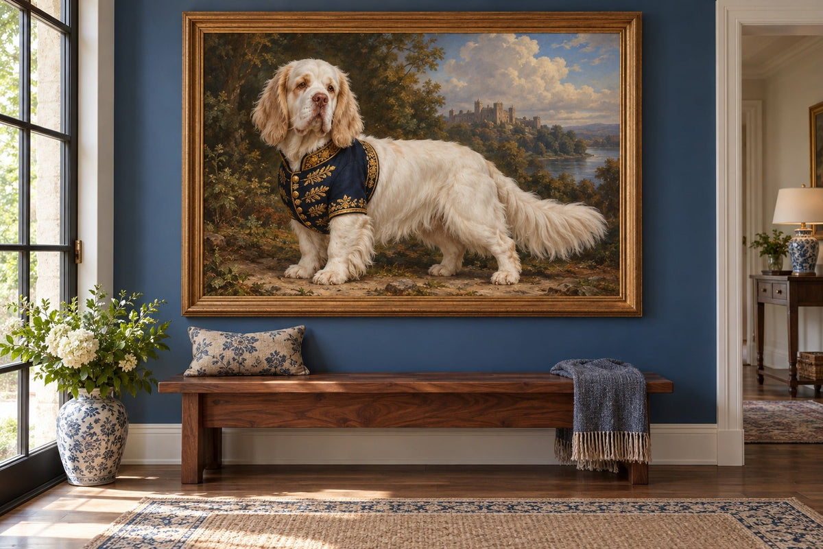 Clumber Spaniel als Wandbild im Stil Royal mit kurzer Uniform, Raum: blauer Flur