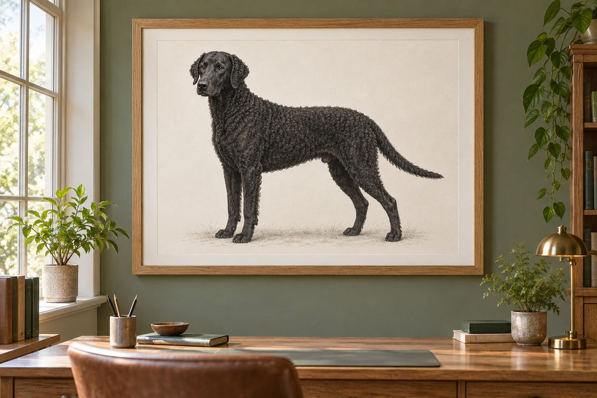 Curly Coated Retriever als Wandbild im Stil Minimal, feine Farbzeichnung, Raum: salbeifarbenes Arbeitszimmer