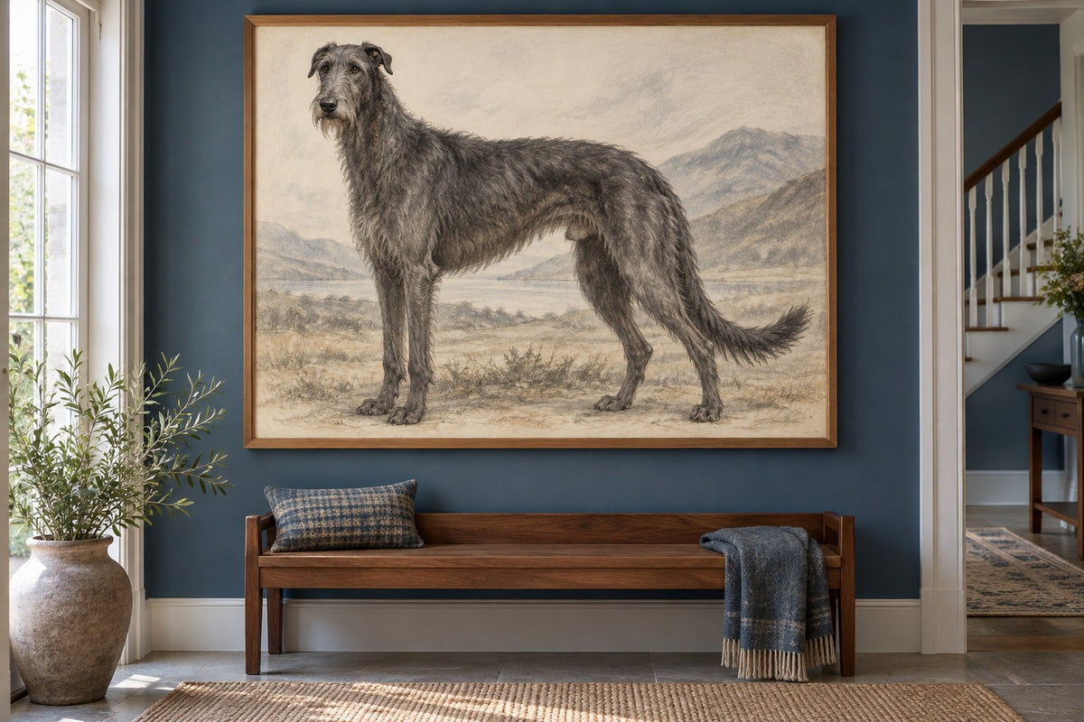 Deerhound (Schottischer Hirschhund) als Wandbild im Stil Kohle-Sketch, Raum: blauer Flur