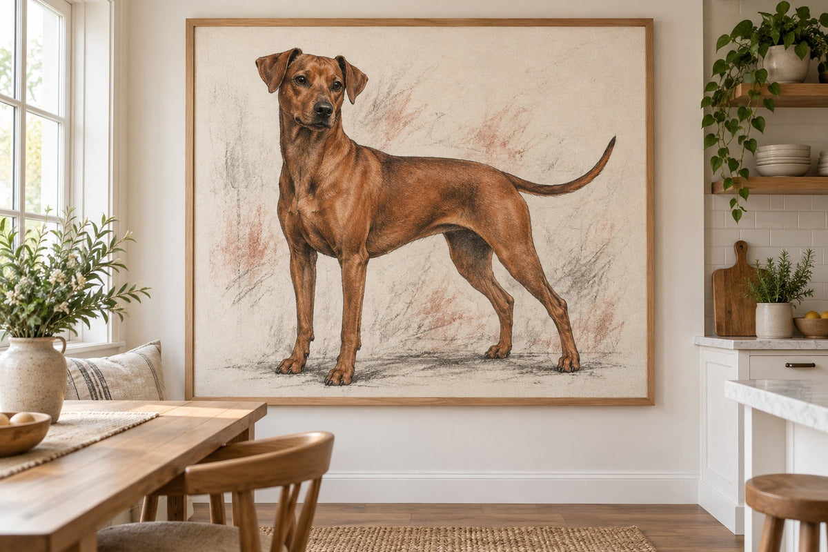 Deutscher Pinscher als Wandbild im Stil Kohle-Sketch mit Farbwaschung, Raum: helle Wohnküche