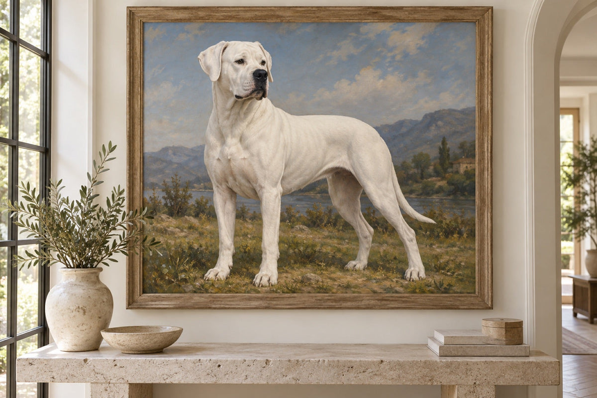 Dogo Argentino als Wandbild im Stil Ölgemälde, Raum: heller Flur