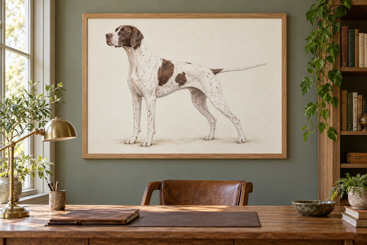 English Pointer als Wandbild im Stil Minimal, feine Farbzeichnung, Raum: salbeifarbenes Arbeitszimmer