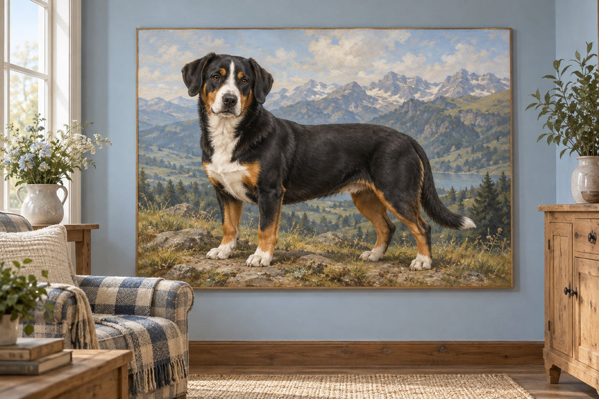 Entlebucher Sennenhund als Wandbild im Stil Ölgemälde auf Leinwand, Raum: Landhaus-Wohnzimmer