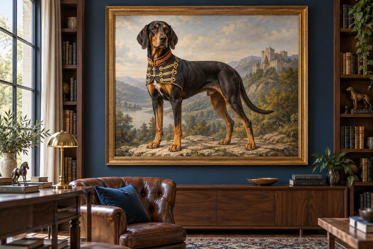 Erdélyi Kopó (Transsilvanischer Laufhund) als Wandbild im Stil Royal mit kurzer Uniform, Raum: blaues Arbeitszimmer