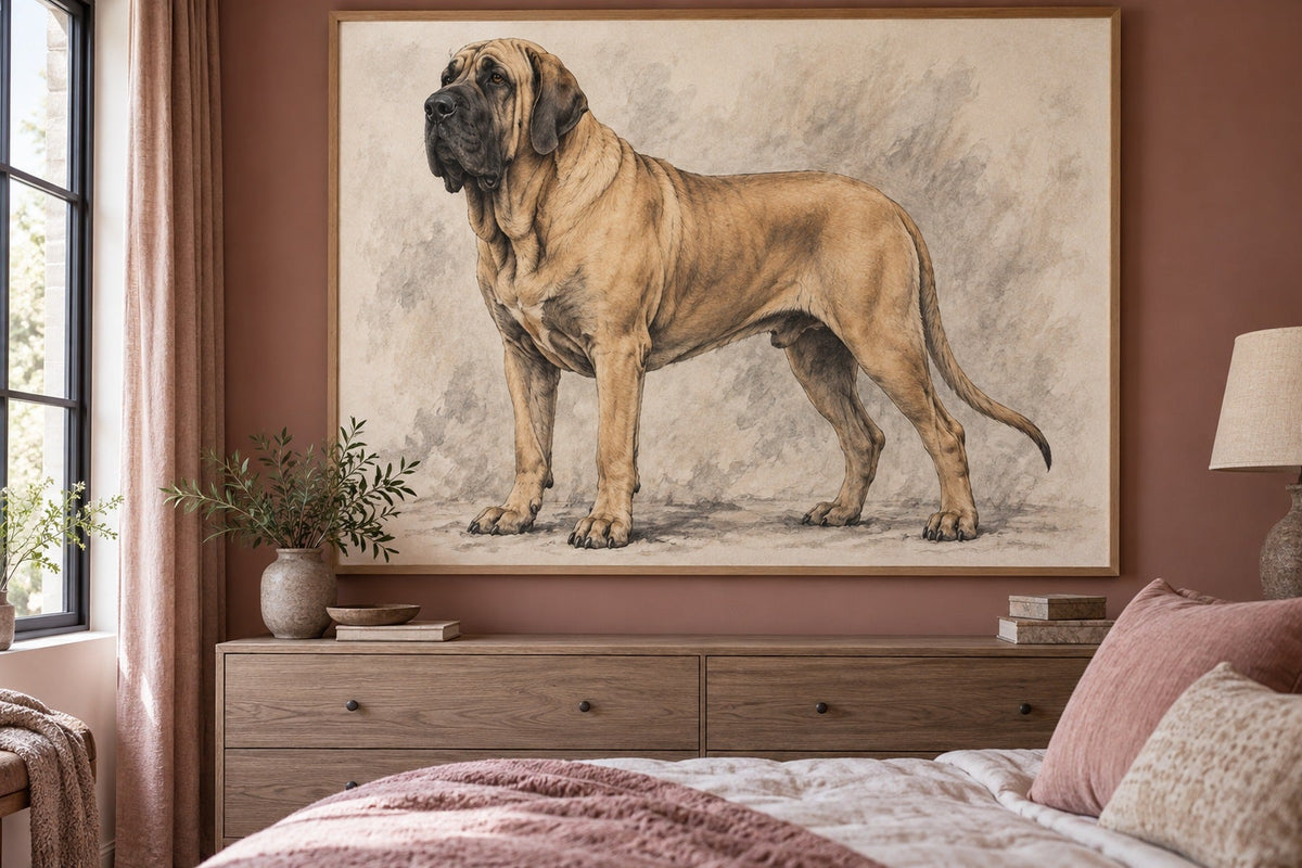 Fila Brasileiro als Wandbild im Stil Kohle-Sketch, Raum: altrosafarbenes Schlafzimmer