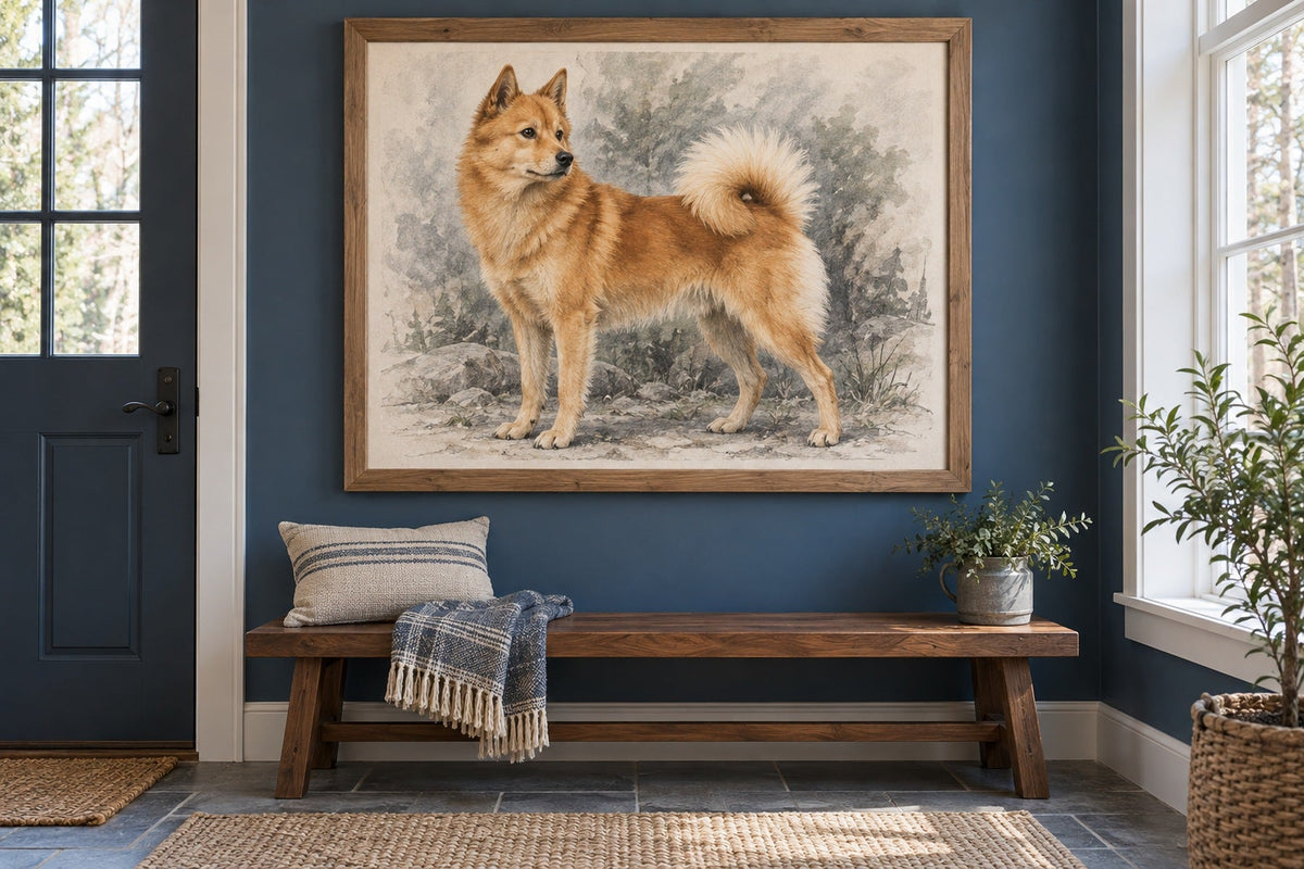 Finnenspitz als Wandbild im Stil Kohle-Sketch, Raum: blauer Flur