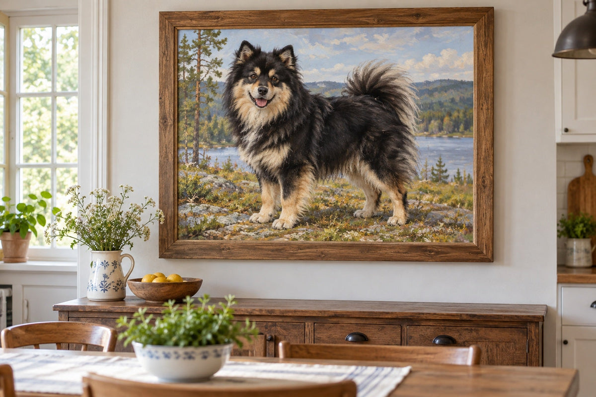 Finnischer Lapphund als Wandbild im Stil Ölgemälde, Raum: helle Landhausküche
