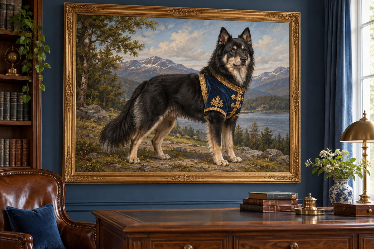 Finnischer Lapplandhirtenhund als Wandbild im Stil Royal mit kurzer Uniform, Raum: blaues Arbeitszimmer
