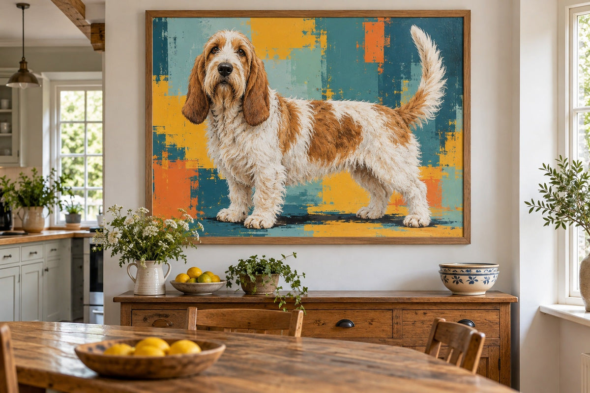 Grand Basset Griffon Vendéen als Wandbild im Stil Pop-Art, Raum: helle Landhausküche