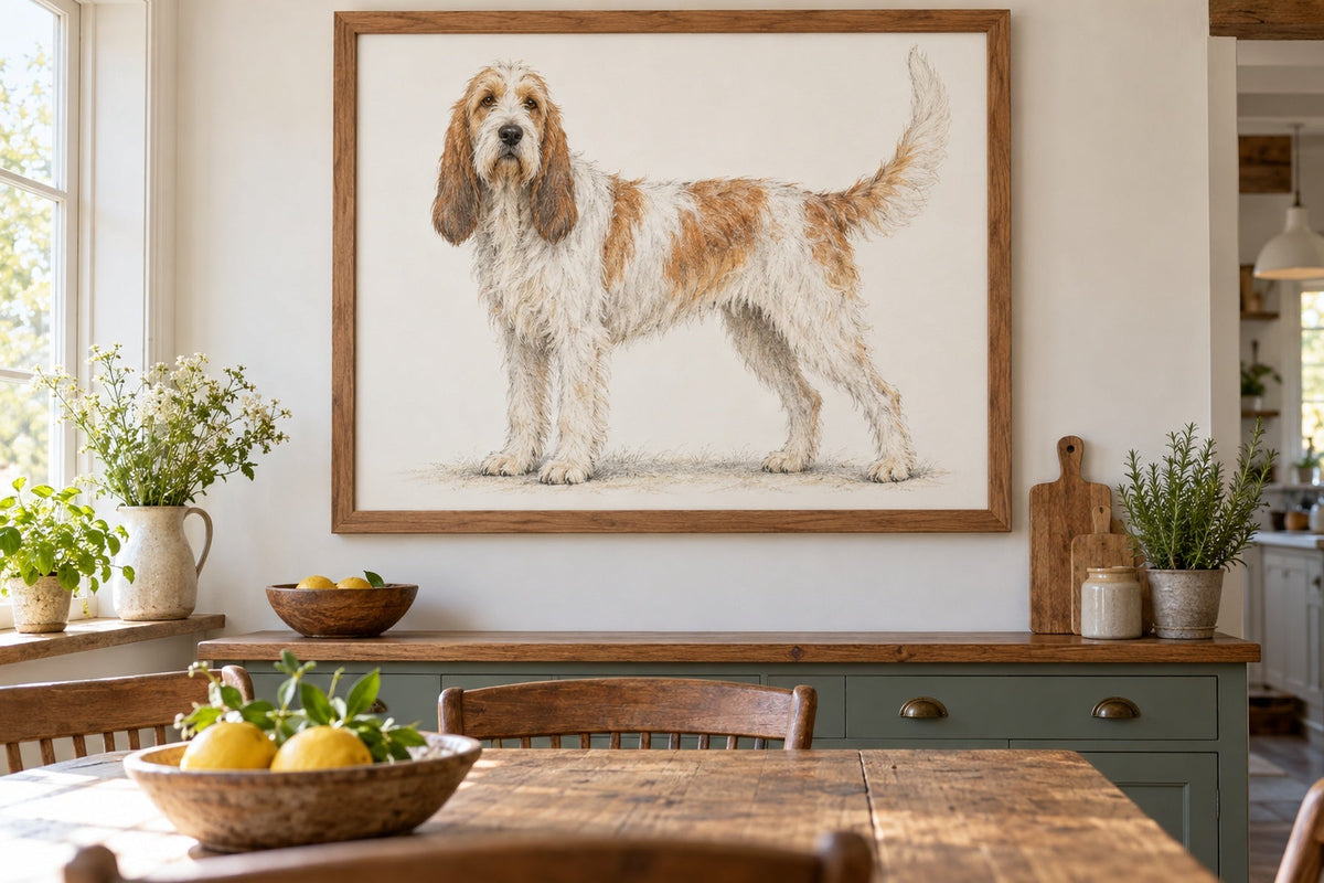 Grand Griffon Vendéen als Wandbild im Stil Minimal, feine Farbzeichnung, Raum: helle Landhausküche