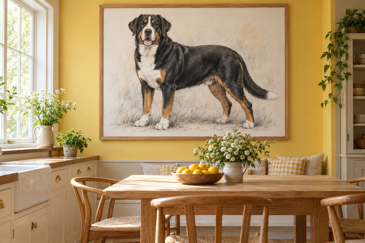 Großer Schweizer Sennenhund als Wandbild im Stil Kohle-Sketch, Raum: gelbe Wohnküche