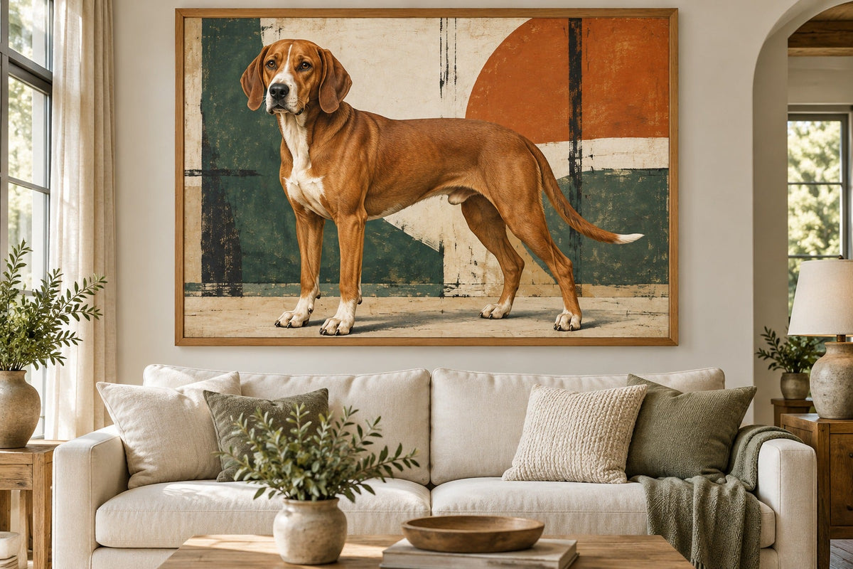 Hygenhund als Wandbild im Stil Pop-Art, Raum: cremefarbenes Wohnzimmer