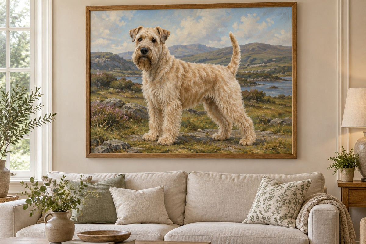 Irish Soft Coated Wheaten Terrier als Wandbild im Stil Ölgemälde, Raum: cremefarbenes Wohnzimmer
