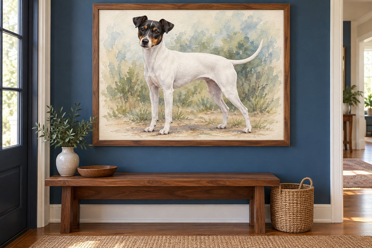 Japanischer Terrier als Wandbild im Stil Aquarell, Raum: blauer Flur