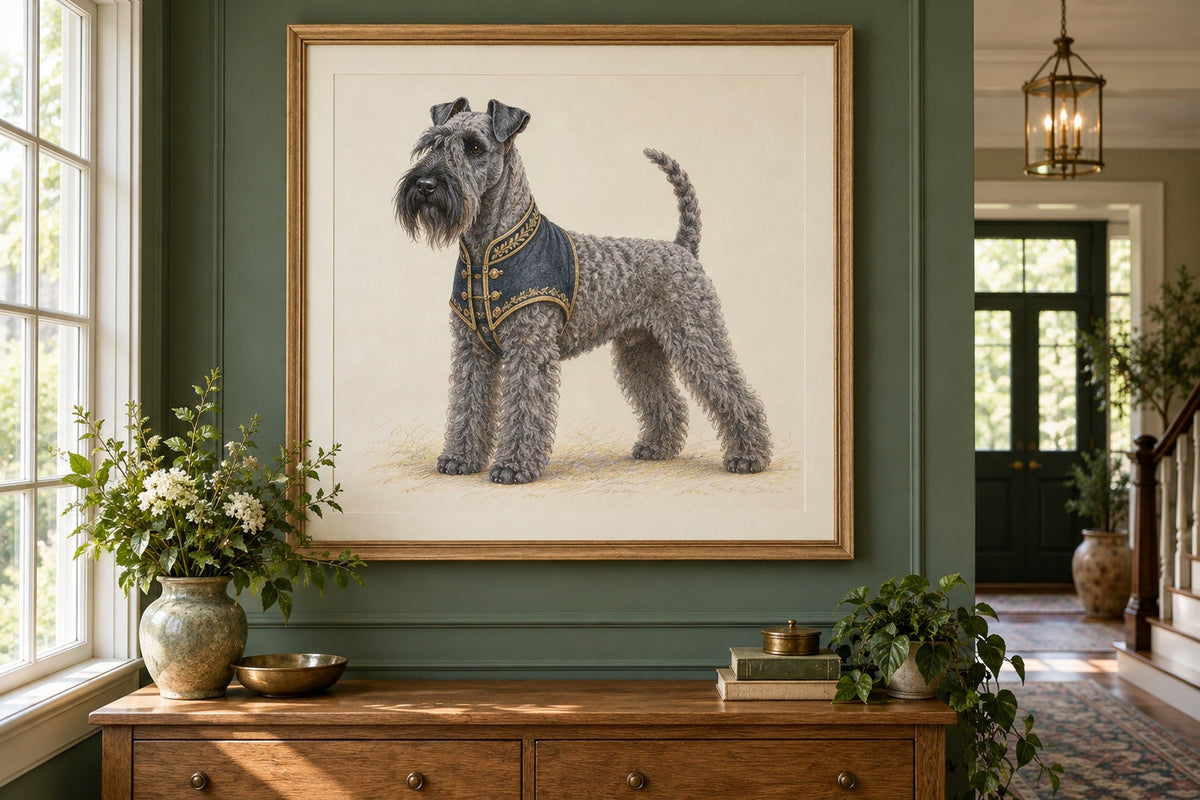 Kerry Blue Terrier als Wandbild im Stil Royal mit kurzer Uniform, Raum: grüner Flur
