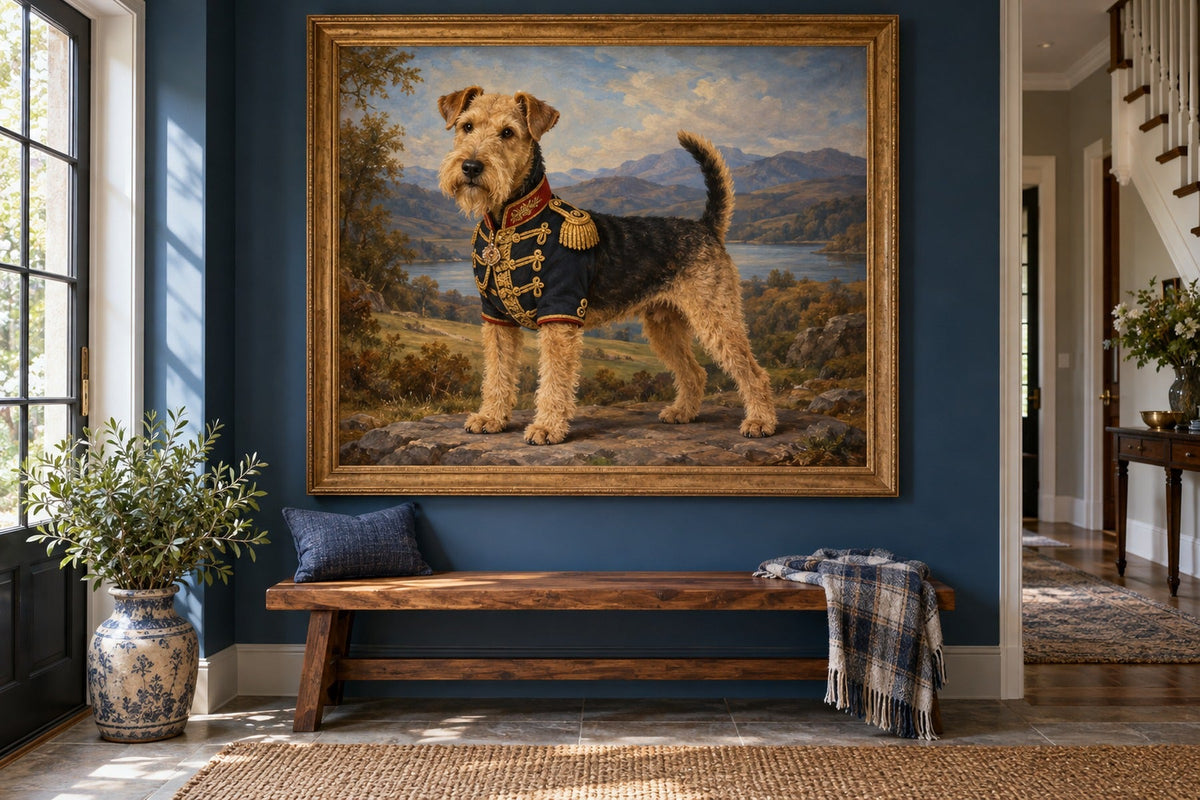 Lakeland Terrier als Wandbild im Stil Royal mit kurzer Uniform, Raum: blauer Flur