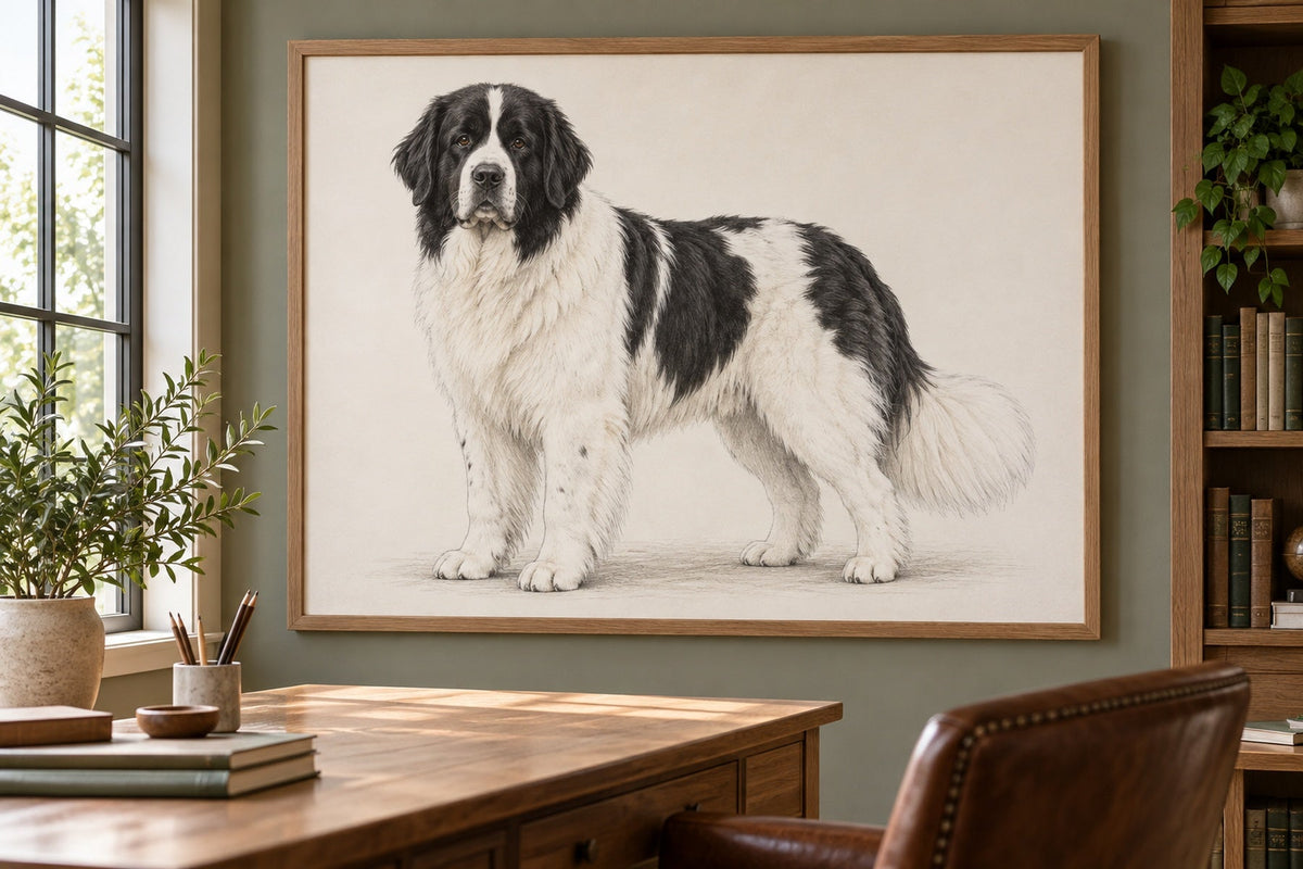Landseer als Wandbild im Stil Minimal, feine Farbzeichnung, Raum: salbeifarbenes Arbeitszimmer