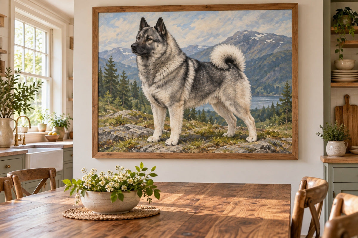 Norwegischer Elchhund grau als Wandbild im Stil Ölgemälde, Raum: helle Landhausküche