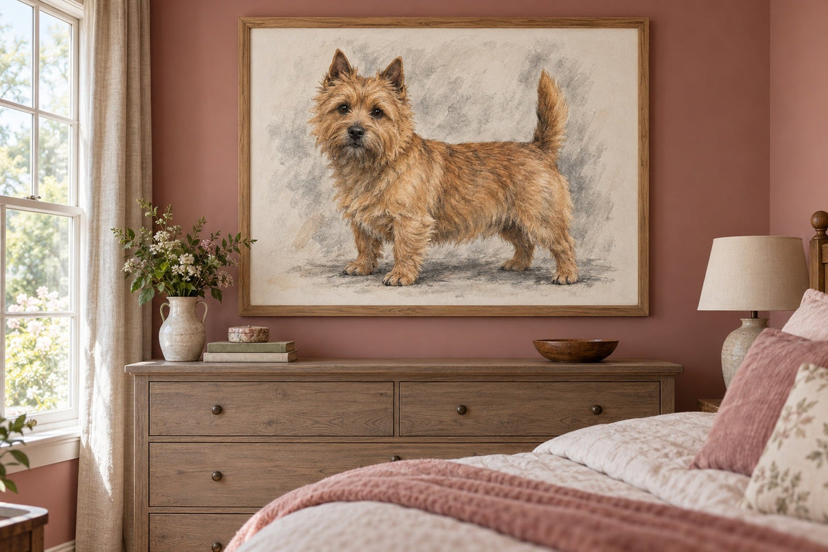 Norwich Terrier als Wandbild im Stil Kohle-Sketch, Raum: altrosafarbenes Schlafzimmer