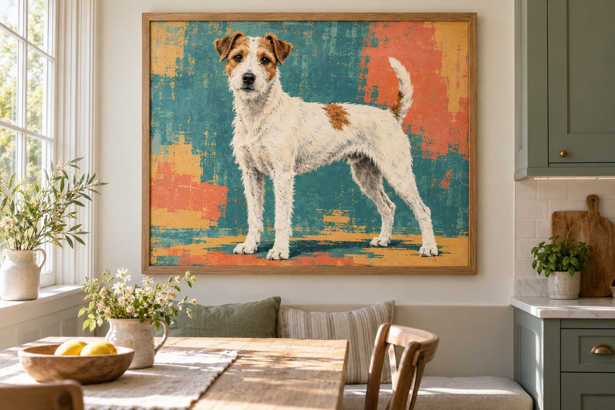 Parson Russell Terrier als Wandbild im Stil Pop-Art, Raum: moderne Küche