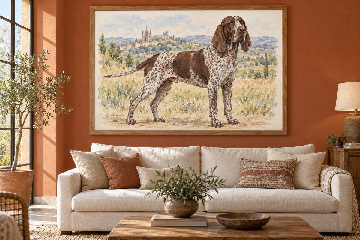 Perdiguero von Burgos als Wandbild im Stil Aquarell, Raum: terrakottafarbenes Wohnzimmer