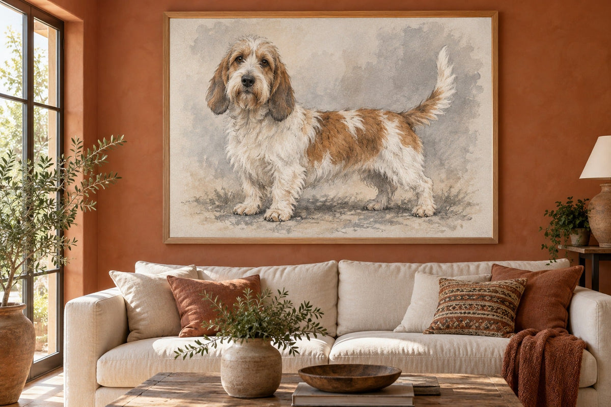 Petit Basset Griffon Vendéen als Wandbild im Stil Kohle-Sketch, Raum: terrakottafarbenes Wohnzimmer