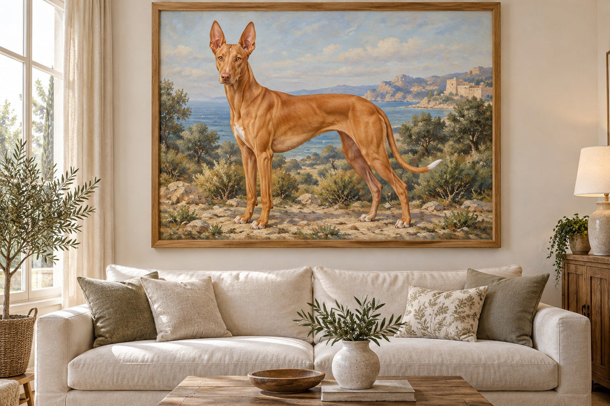 Pharaonenhund als Wandbild im Stil Ölgemälde, Raum: cremefarbenes Wohnzimmer