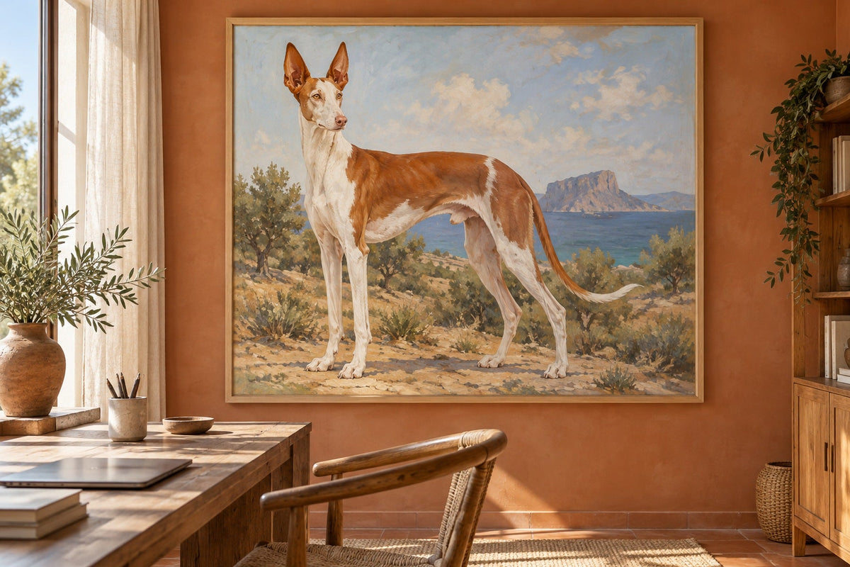 Podenco Ibicenco als Wandbild im Stil Ölgemälde, Raum: terrakottafarbenes Arbeitszimmer