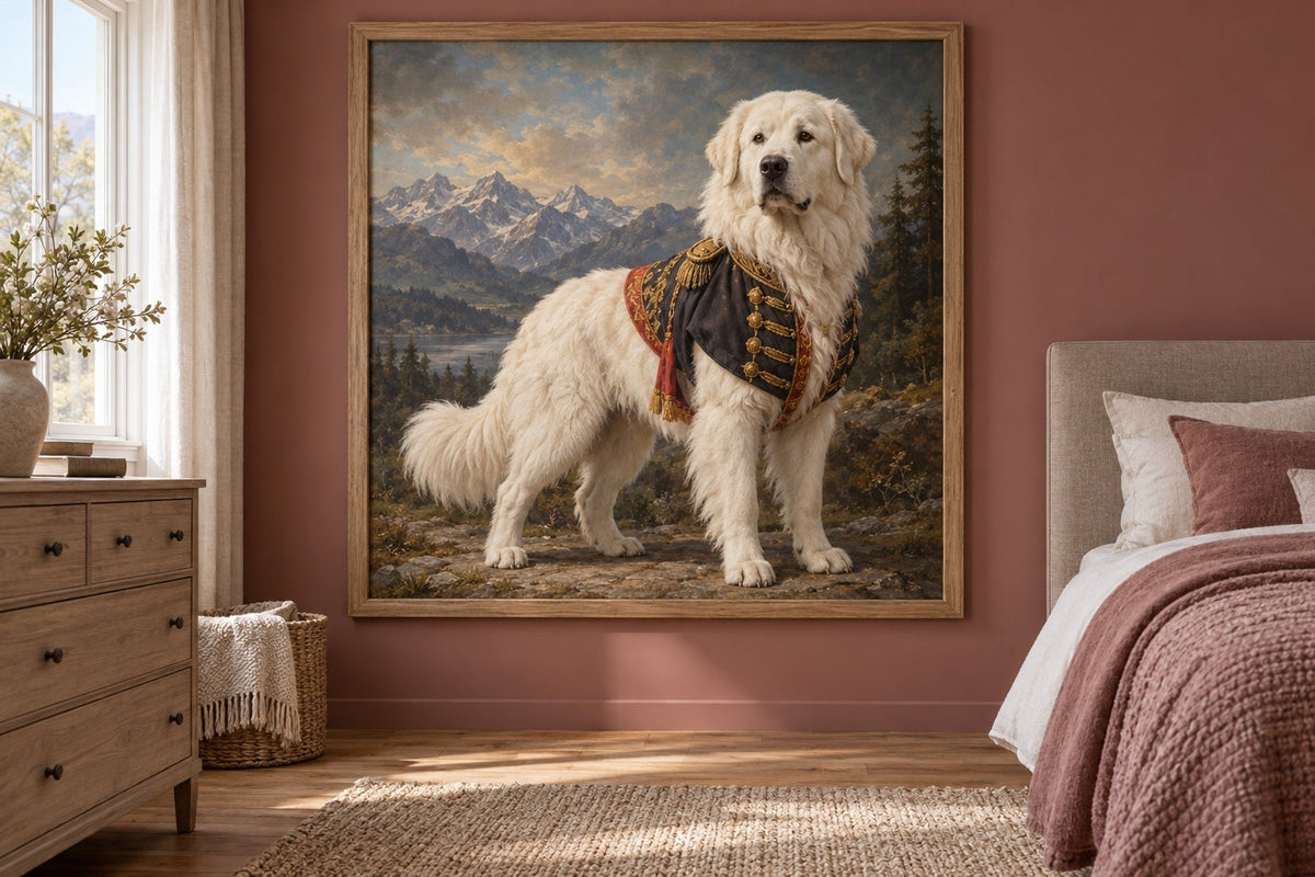 Polnischer Tatra-Schäferhund als Wandbild im Stil Royal mit kurzer Uniform, Raum: altrosafarbenes Schlafzimmer