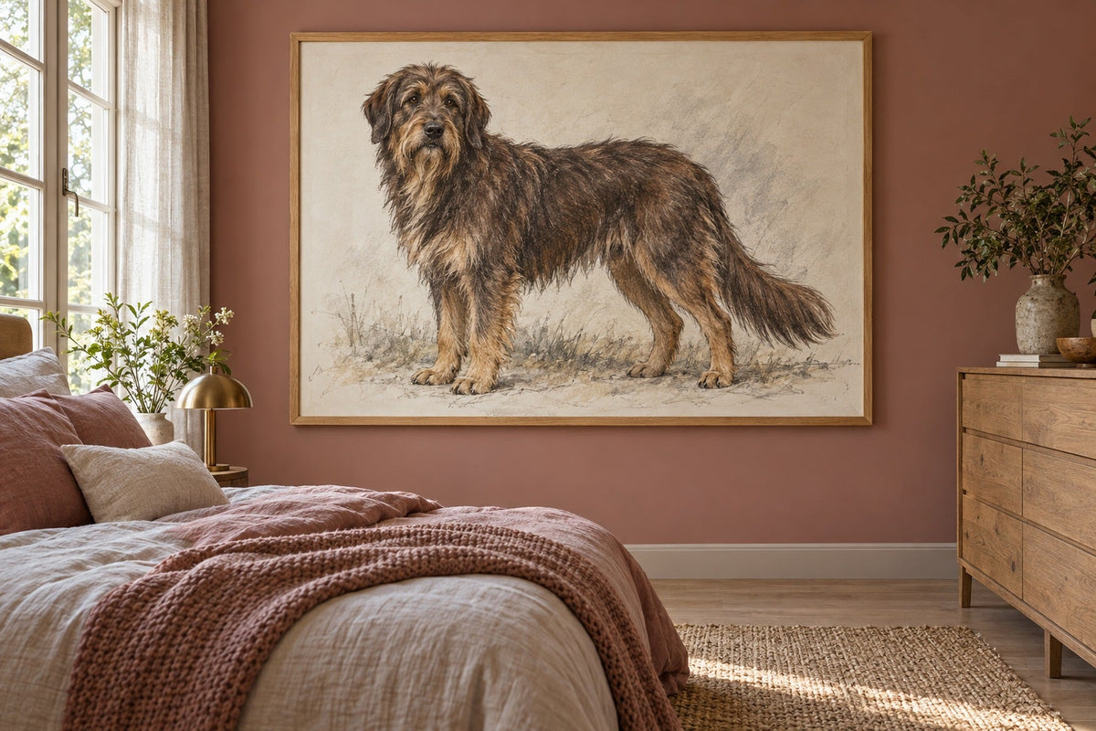 Portugiesischer Schäferhund als Wandbild im Stil Kohle-Sketch, Raum: altrosafarbenes Schlafzimmer