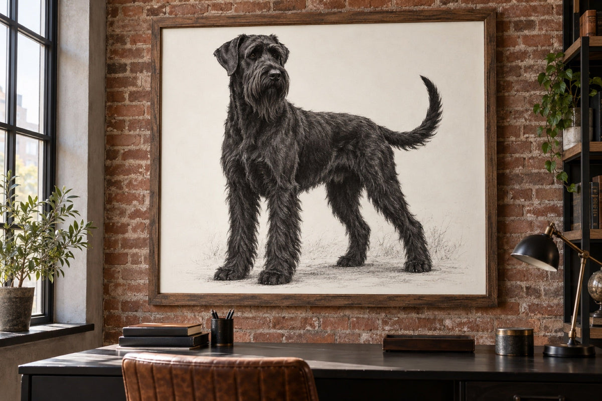 Riesenschnauzer als Wandbild im Stil Kohle-Sketch, Raum: Loft-Arbeitszimmer