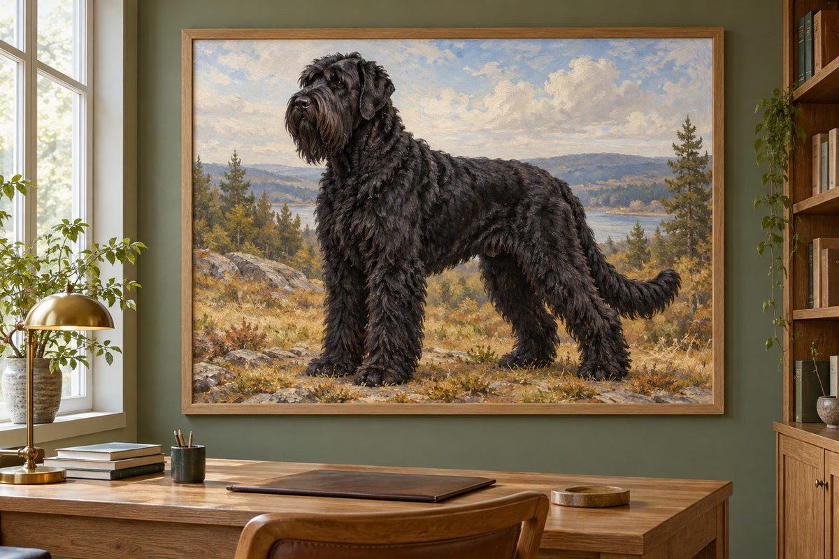 Russischer Schwarzer Terrier als Wandbild im Stil Ölgemälde, Raum: salbeifarbenes Arbeitszimmer